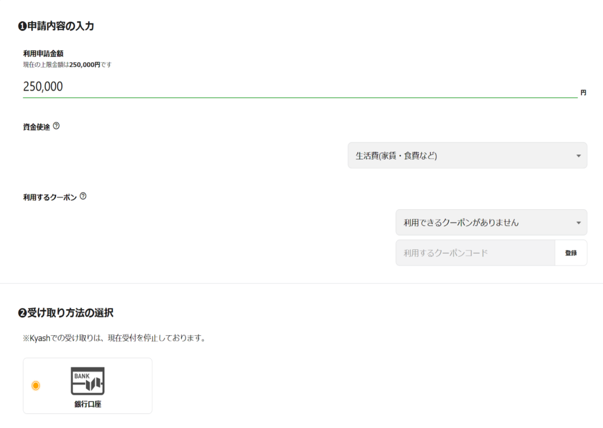 利用申請額などを入力する