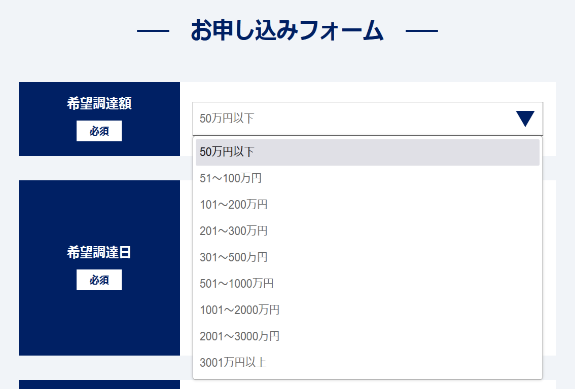 申込みフォームから項目を入力する