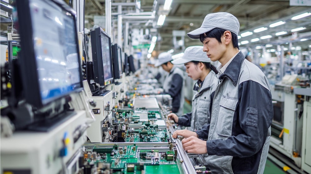 工場内の様子。精密機械部品の製造ラインで働くスタッフたち
