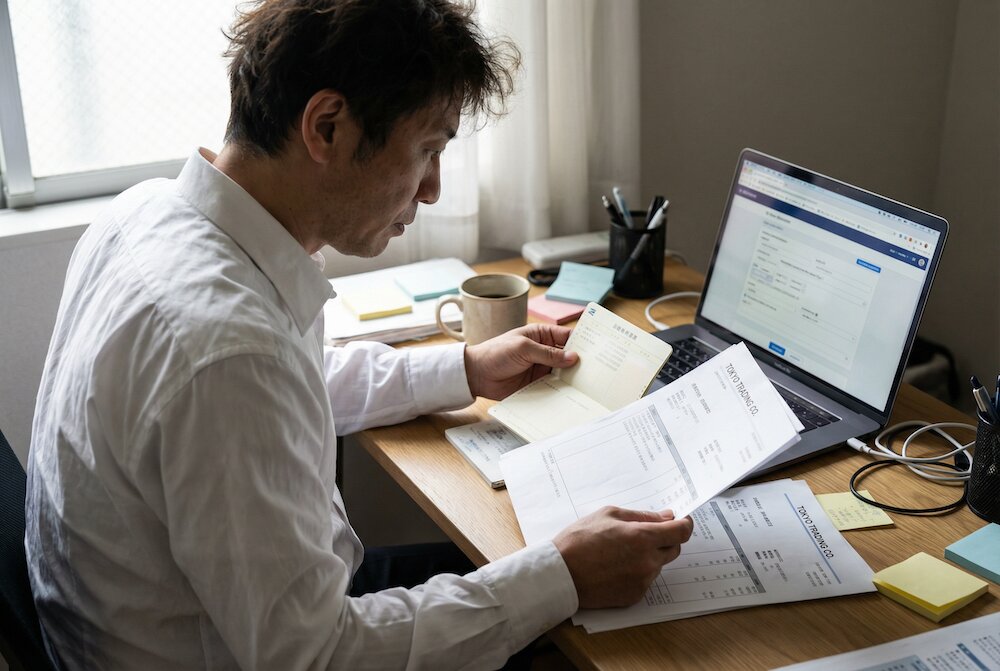 ファクタリングに必要な書類を揃えている男性