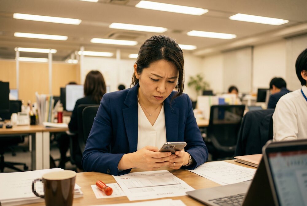 スマホでファクタリングの申し込みをしている女性